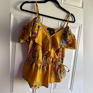 NWOT Golden Yellow Floral Spaghetti Strap V-Neck Ruffle Off The Shoulder Top